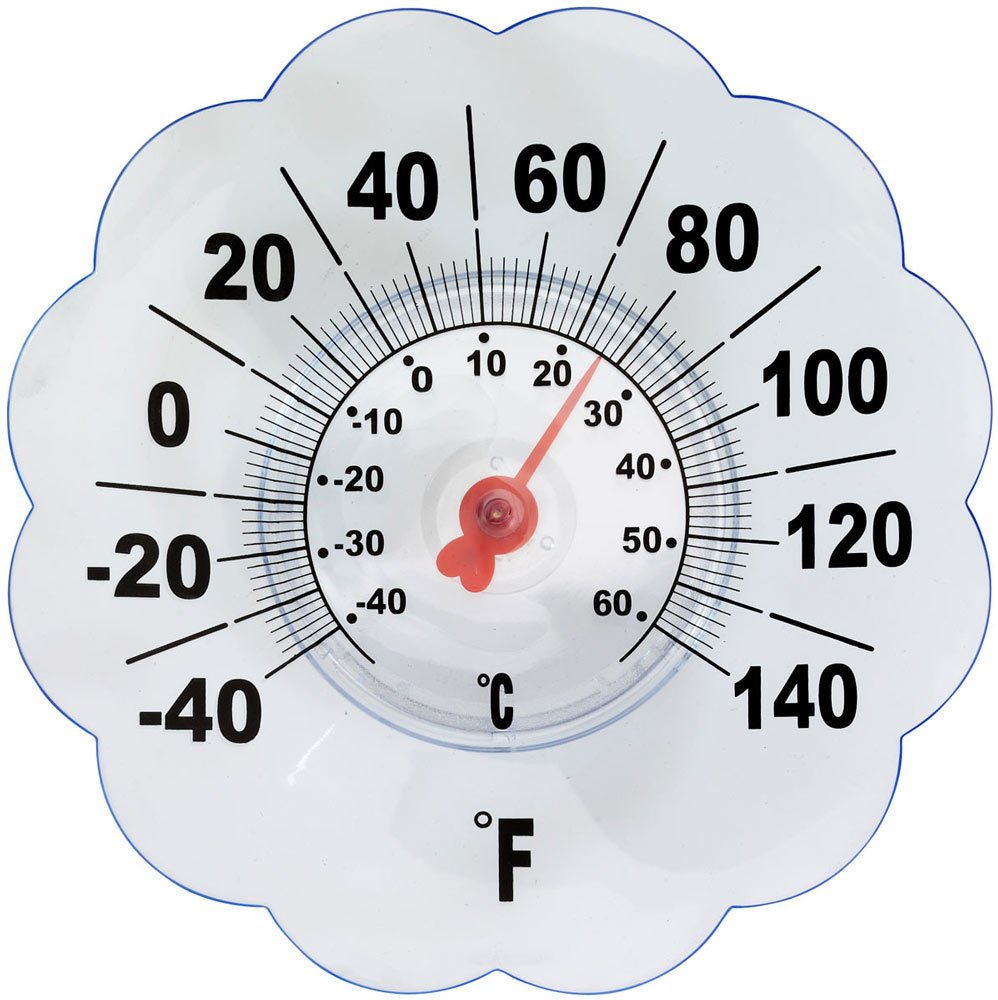 Fox Valley Traders window thermometer with outside glass suction for quick, easy temperature checks.