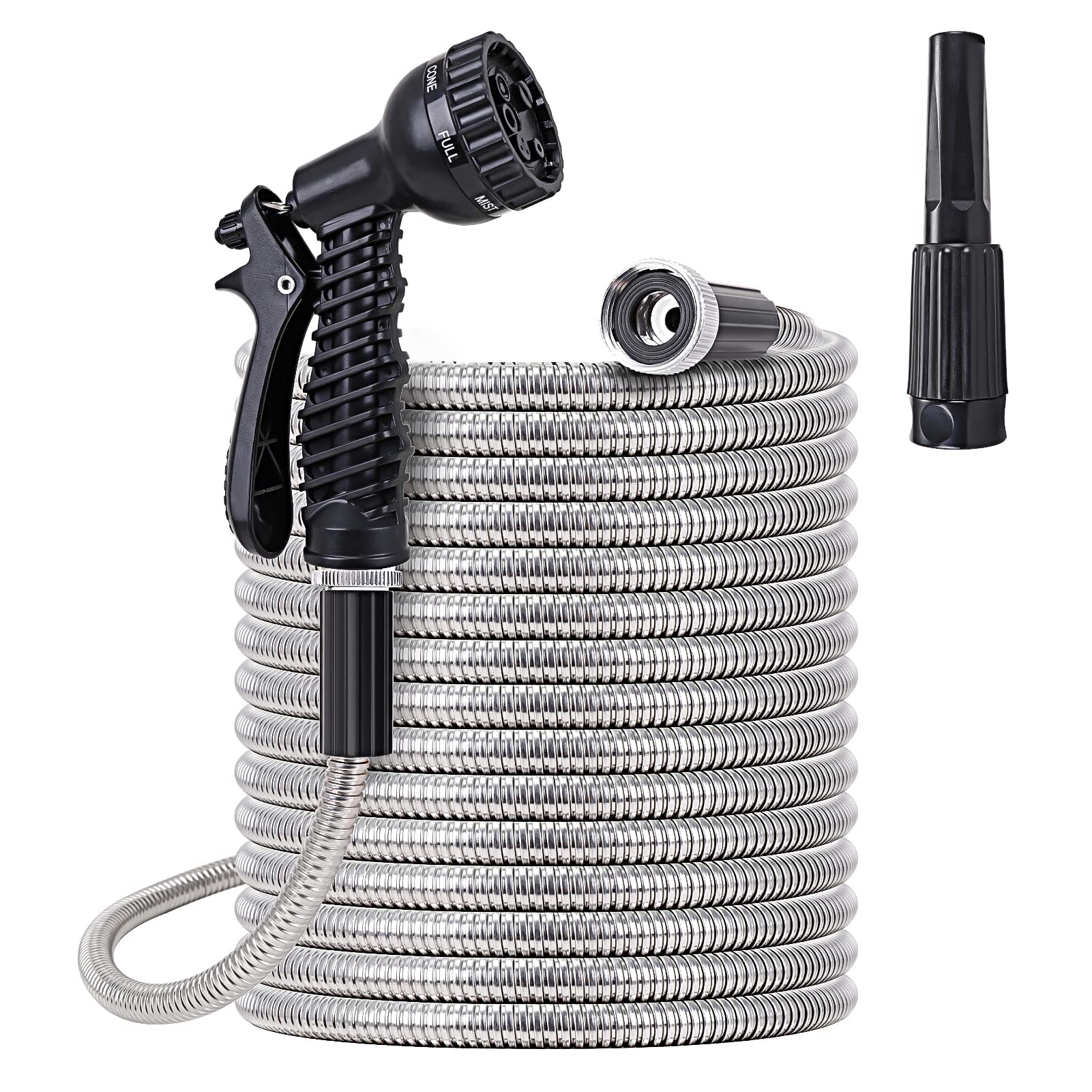FOXEASE Metal Water Hose 25ft outer coil demonstrates durable, kink-free flexibility for easy watering.
