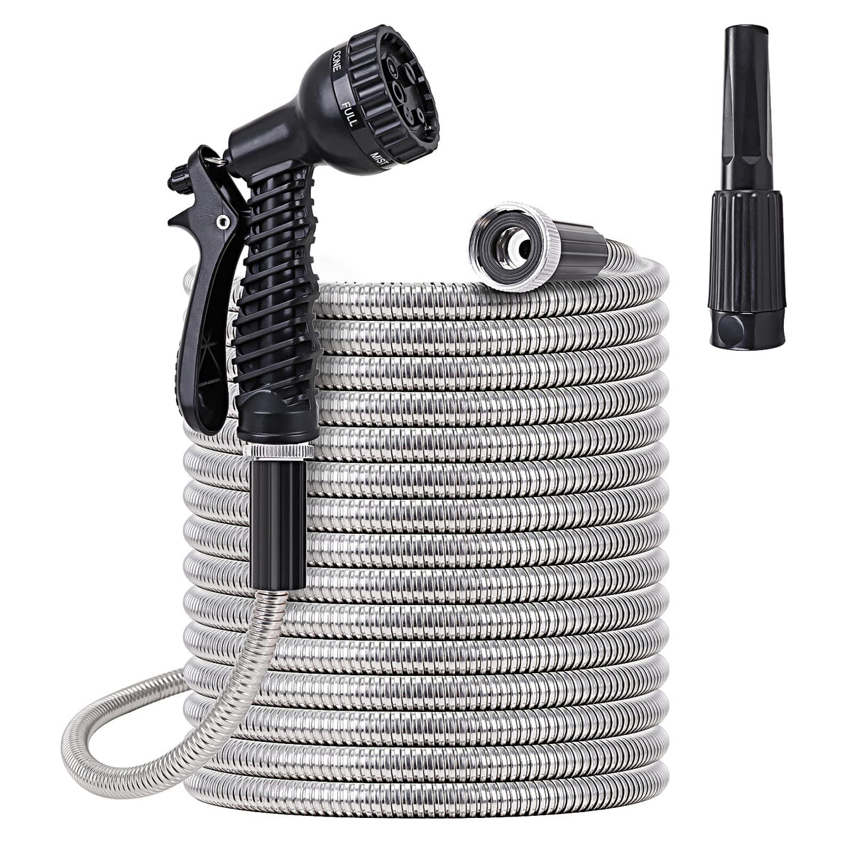 FOXEASE Metal Water Hose 25ft outer coil demonstrates durable, kink-free flexibility for easy watering.