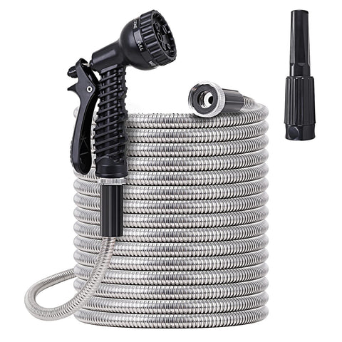 FOXEASE Metal Water Hose 25ft outer coil demonstrates durable, kink-free flexibility for easy watering.