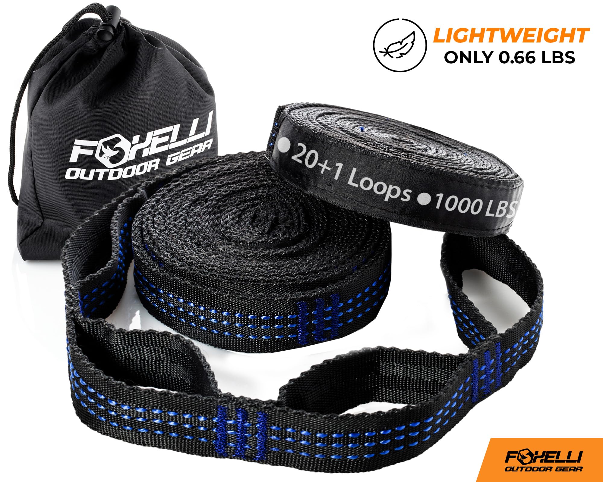 Foxelli XL Hammock Straps carry bag included for ultralight, portable camping gear.