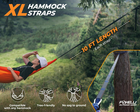 Foxelli XL Hammock Straps support up to 2000 lbs total for a secure suspension.