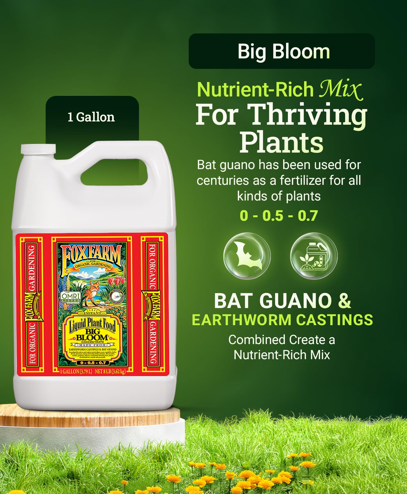 FoxFarm Big Bloom label close-up highlights organic nutrients and earthworm castings.