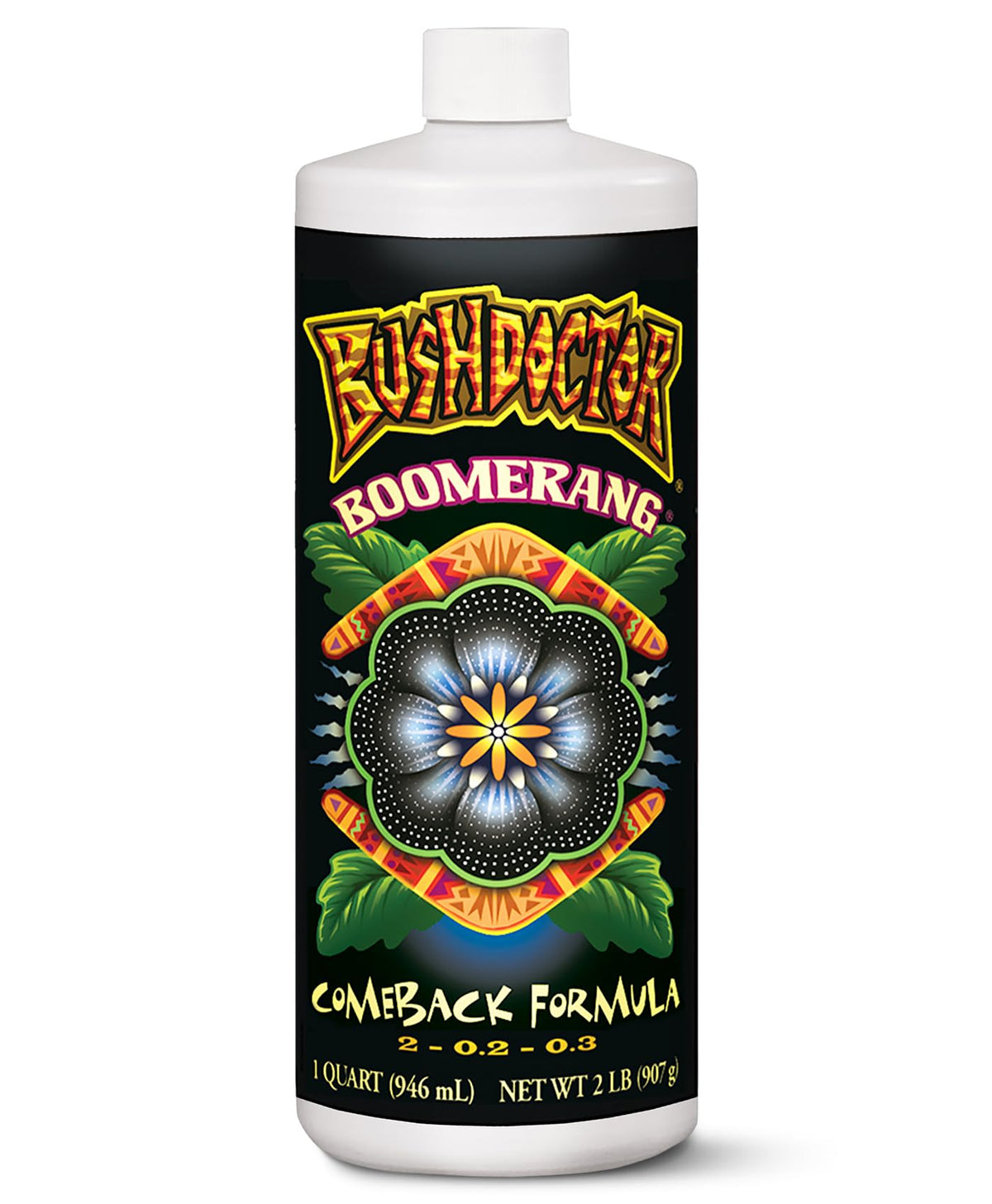 FoxFarm Bush Doctor Boomerang bottle label highlights trusted root recovery features