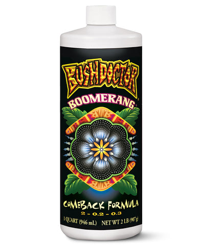 FoxFarm Bush Doctor Boomerang bottle label highlights trusted root recovery features