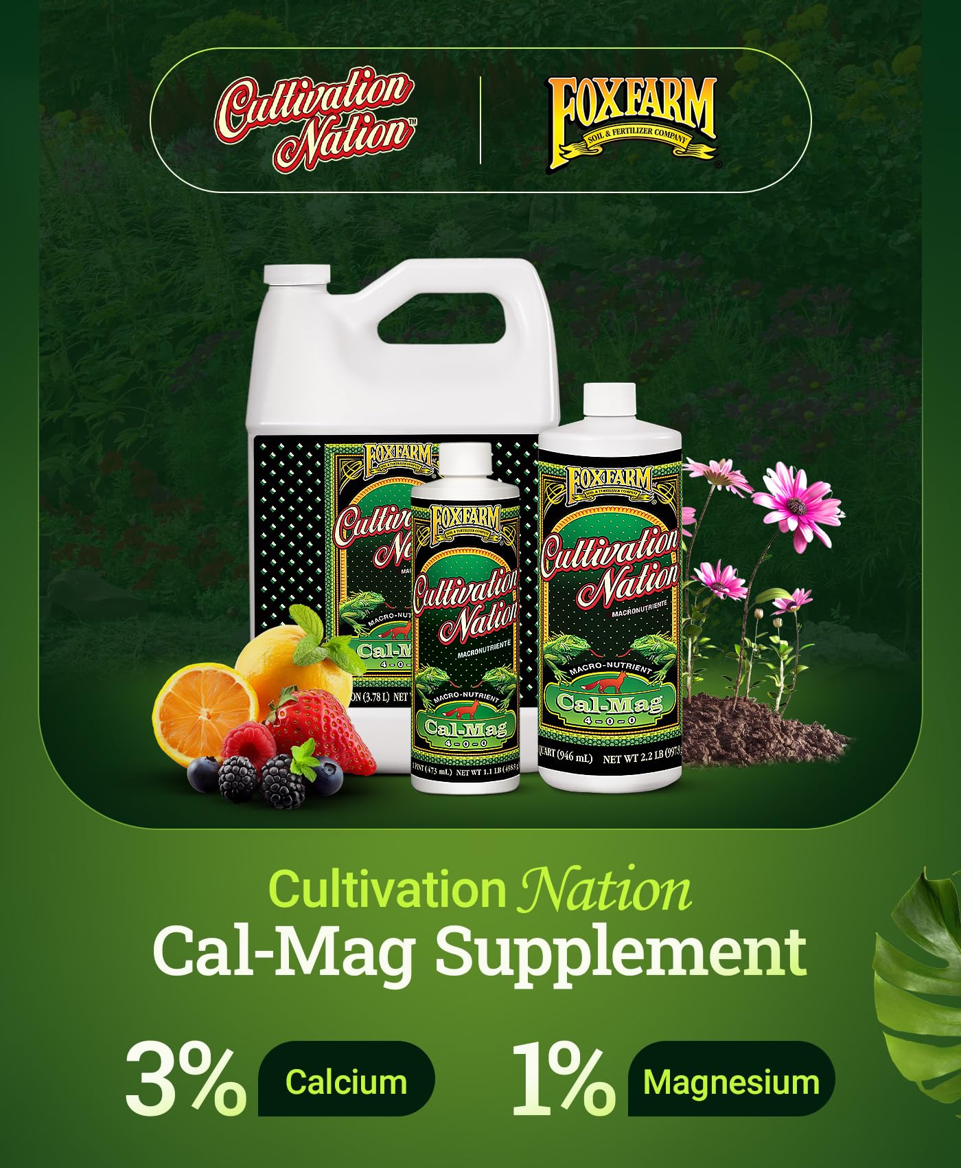 FoxFarm Cultivation Nation Cal-Mag pour action illustrating easy weekly feeding.