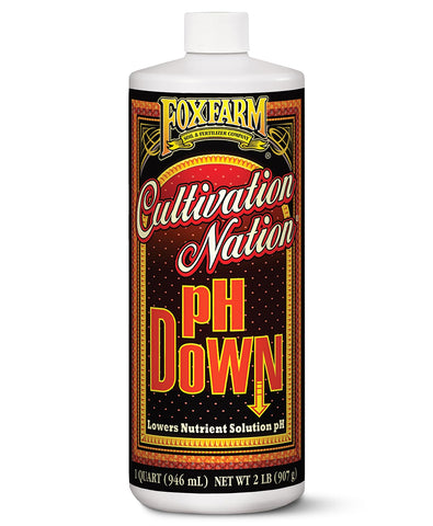 FoxFarm Cultivation Nation pH Down bottle for precise pH adjustment in soil and hydroponics.
