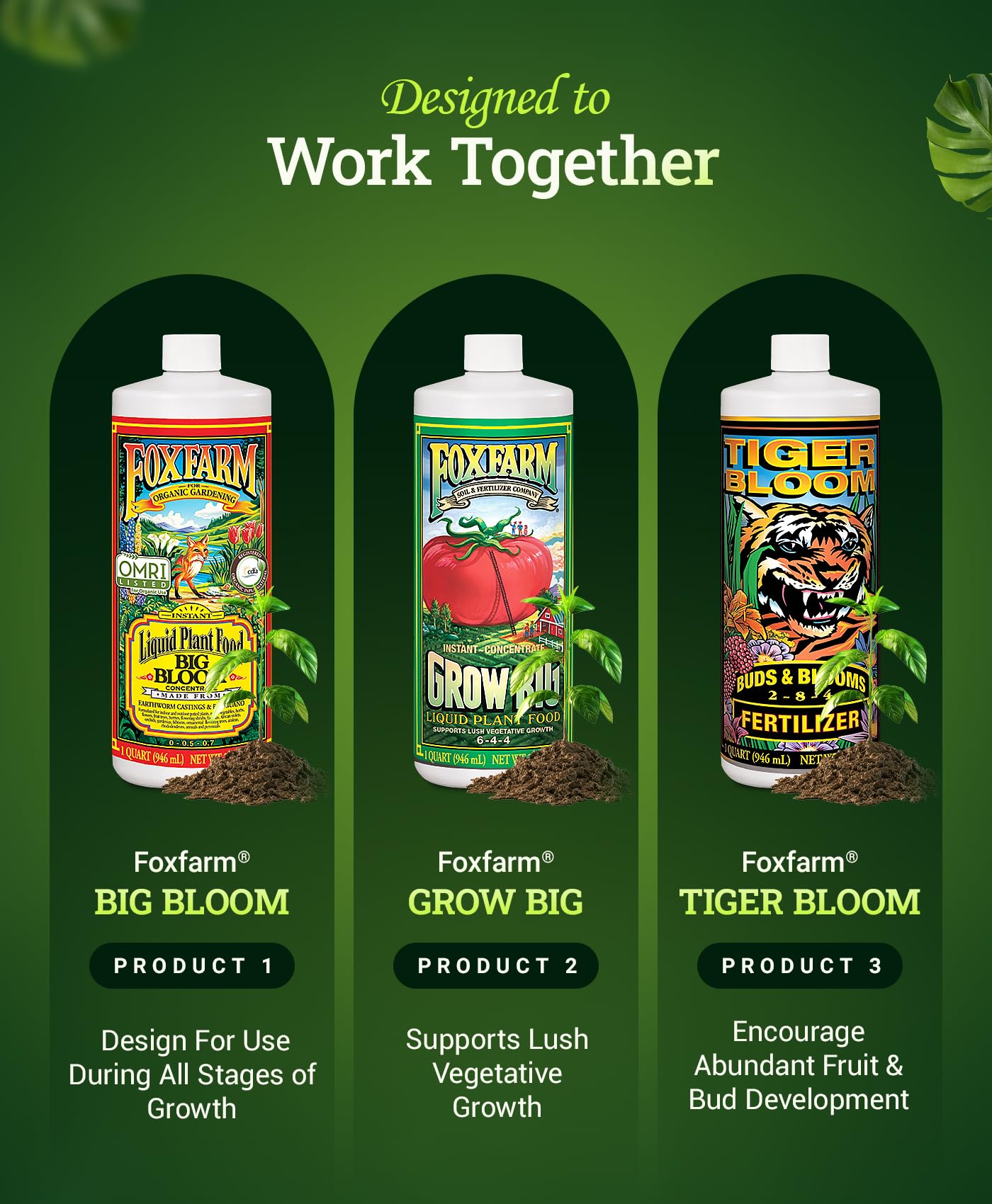 FoxFarm liquids for roses, tomatoes, and houseplants provide versatile feeding.