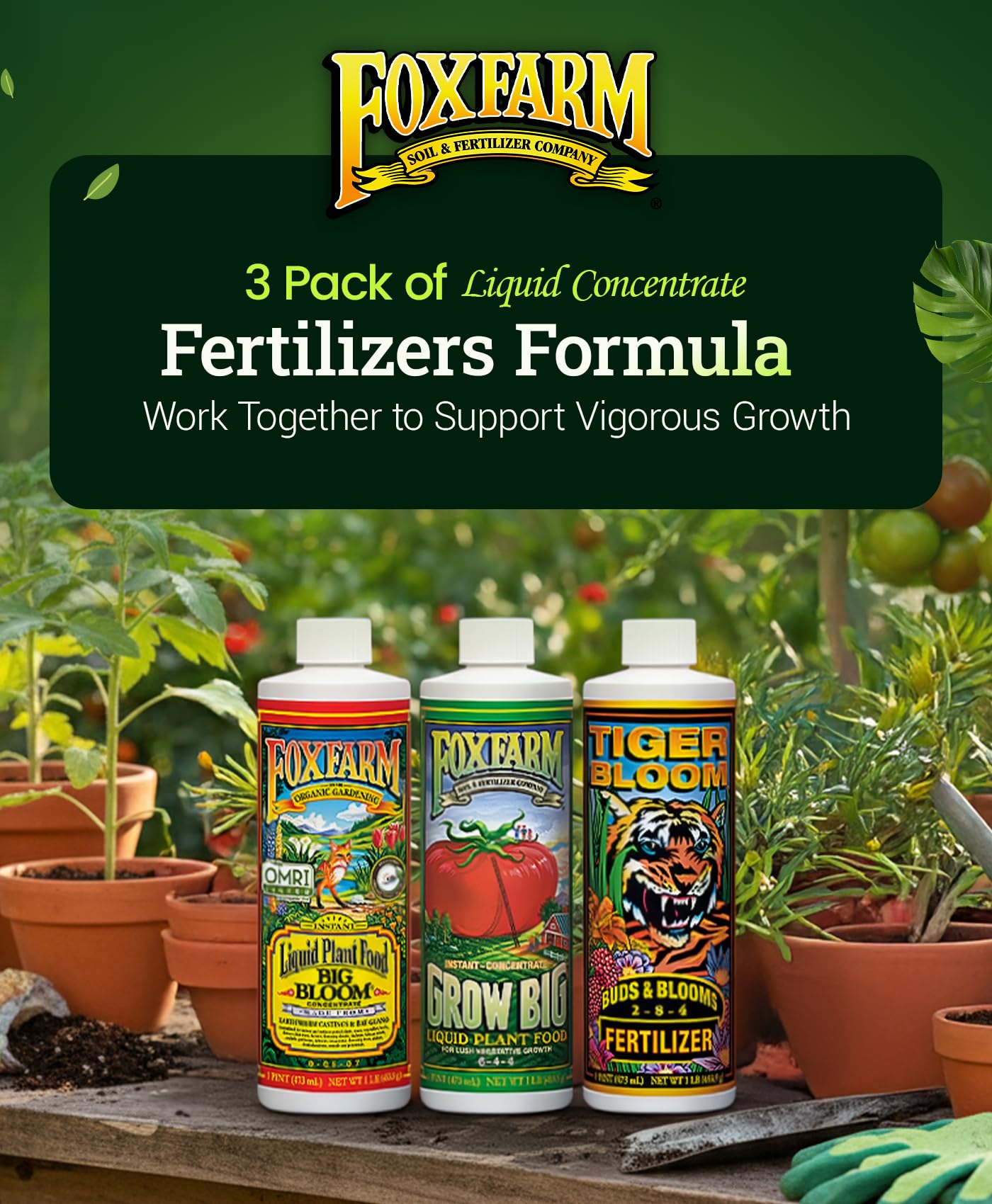 FoxFarm garden setup with trio bottles ready for seasonal feeding for indoor and outdoor plants