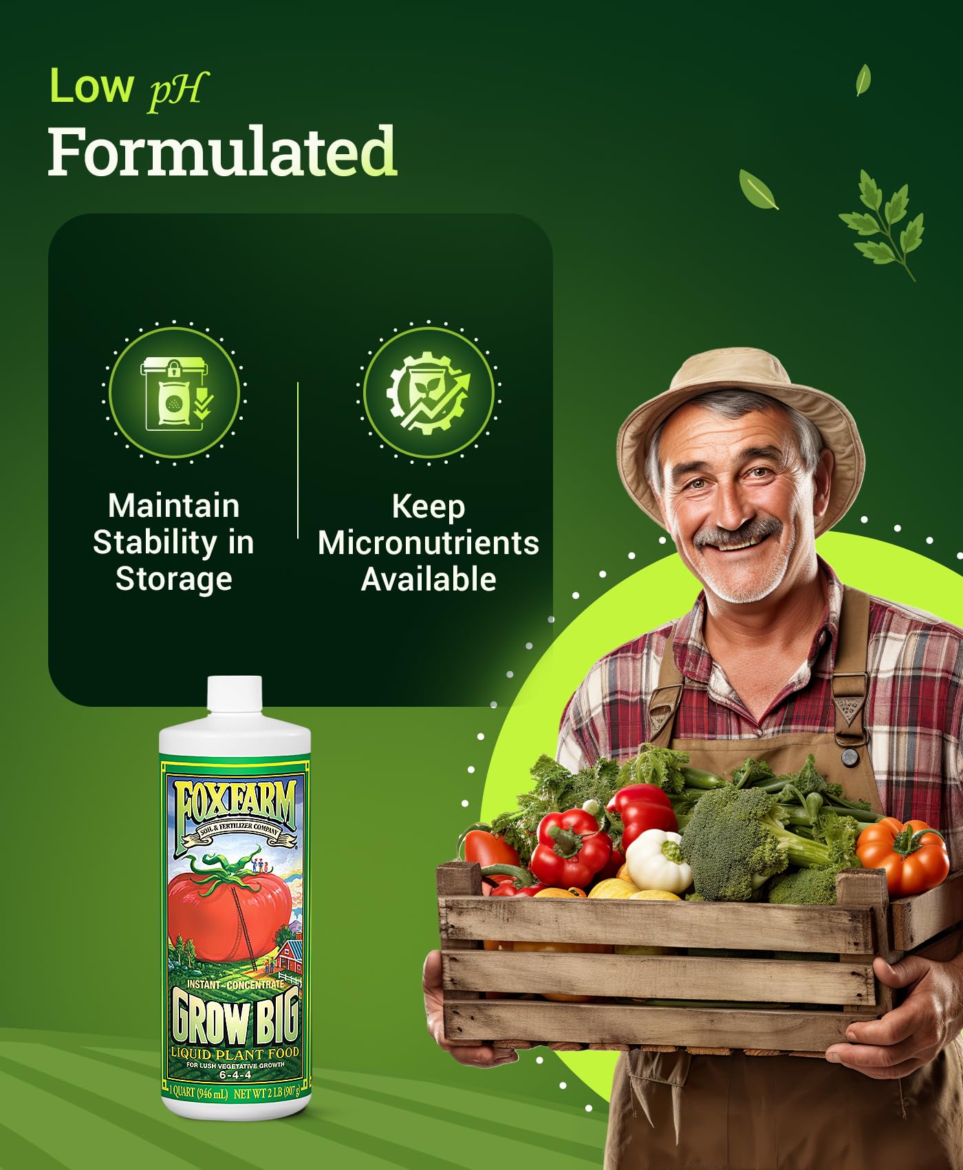 FoxFarm Grow Big bottle shown to promote lush foliage and strong roots