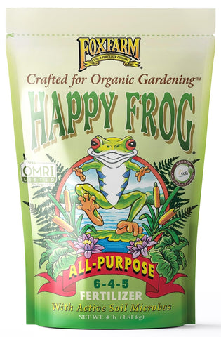 FoxFarm Happy Frog all-purpose fertilizer bag showing granules for steady release