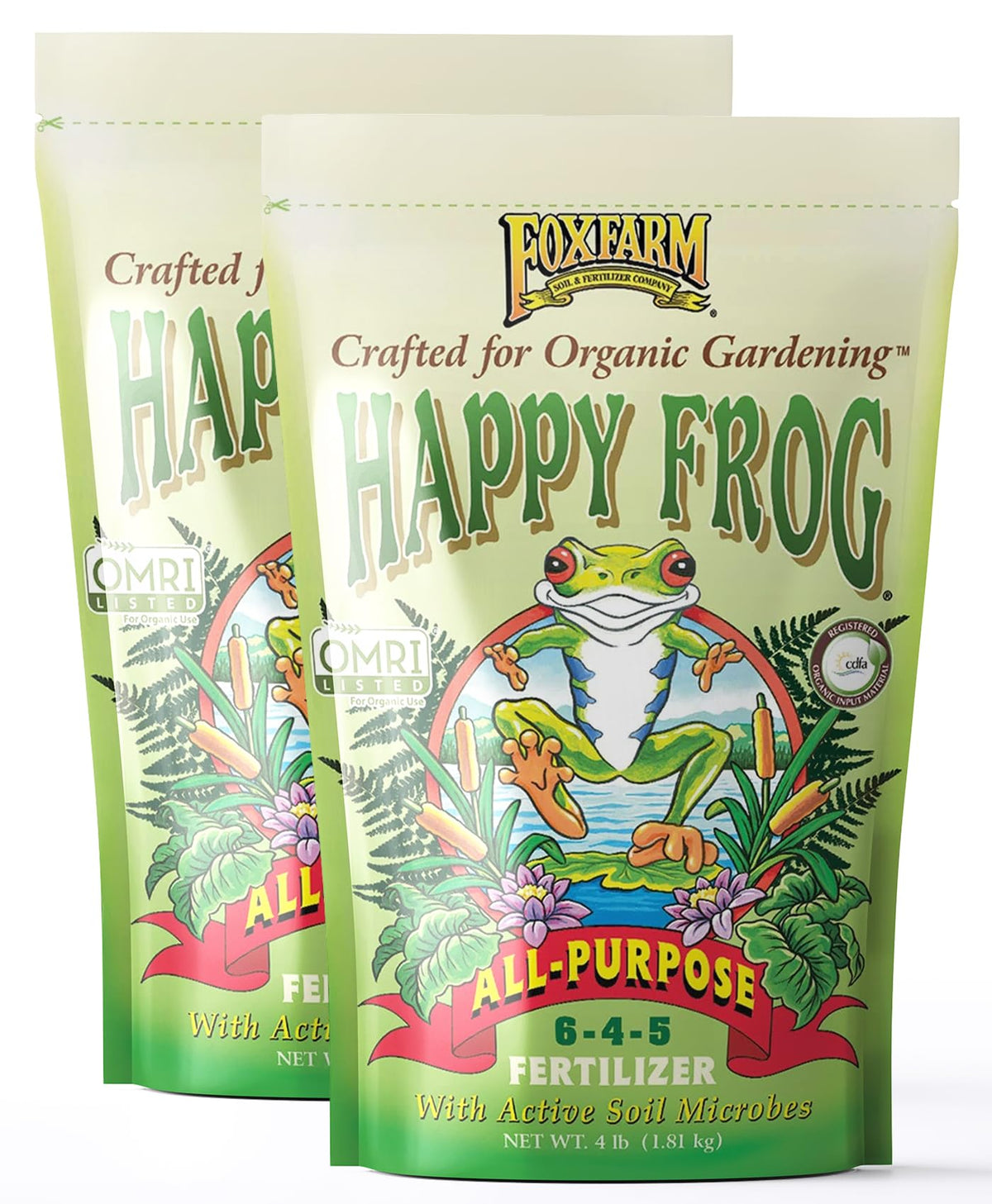 FoxFarm Happy Frog granular fertilizer bag showing soil-friendly formula for steady feeding.