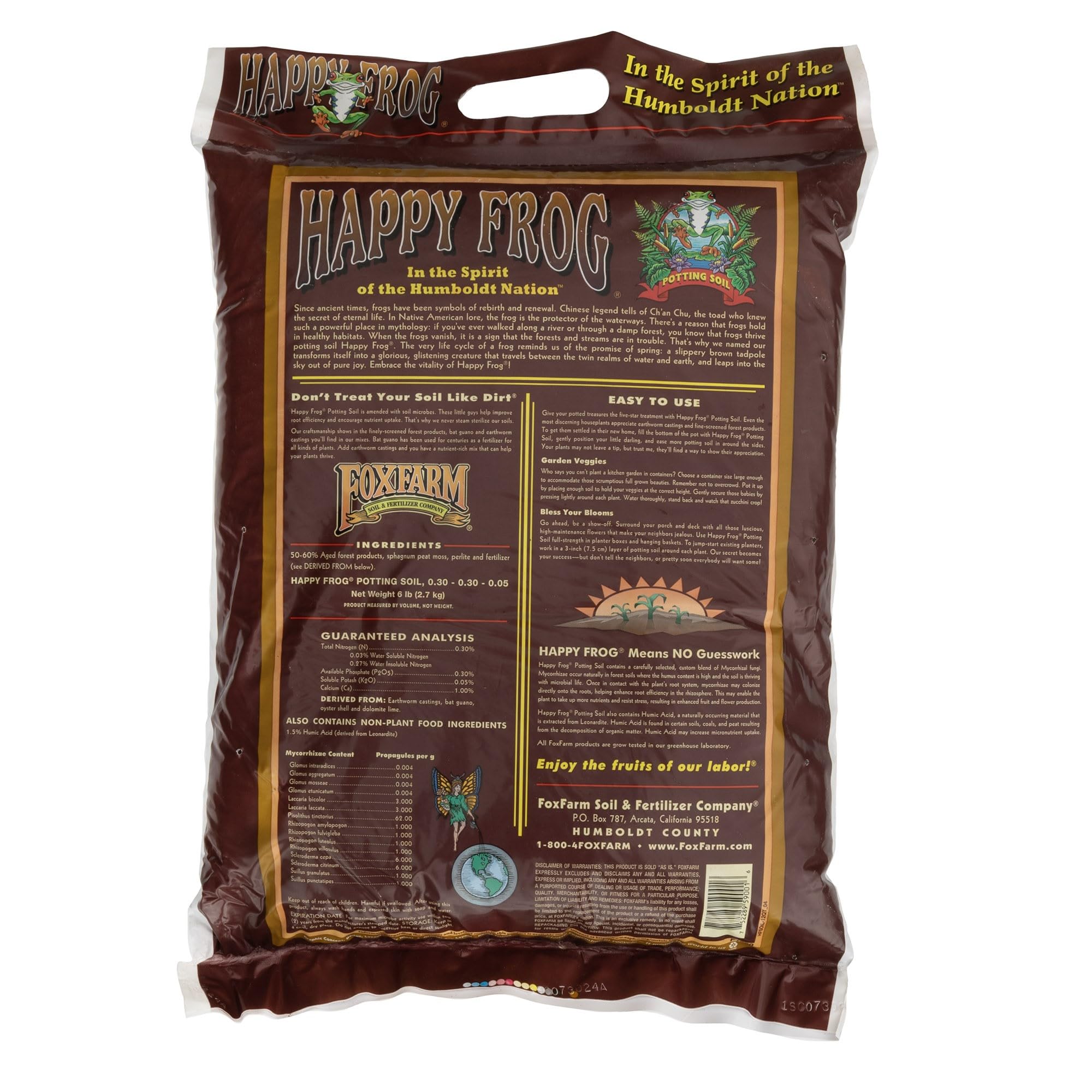 FoxFarm Happy Frog potting soil amended blend closeup shows nutrients for vigorous container plants