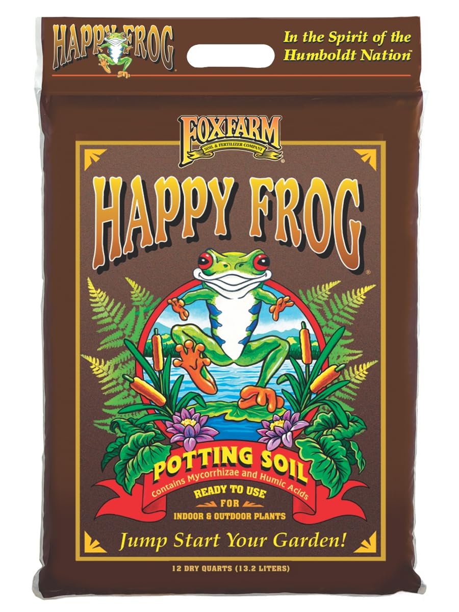 FoxFarm Happy Frog potting soil bag ready for container plants with balanced nutrients.