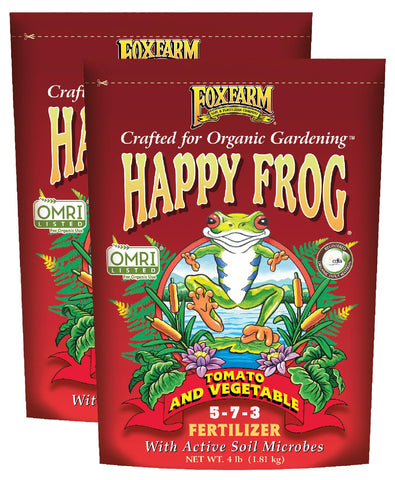 FoxFarm Happy Frog tomato and vegetable fertilizer bag promotes robust plant growth.