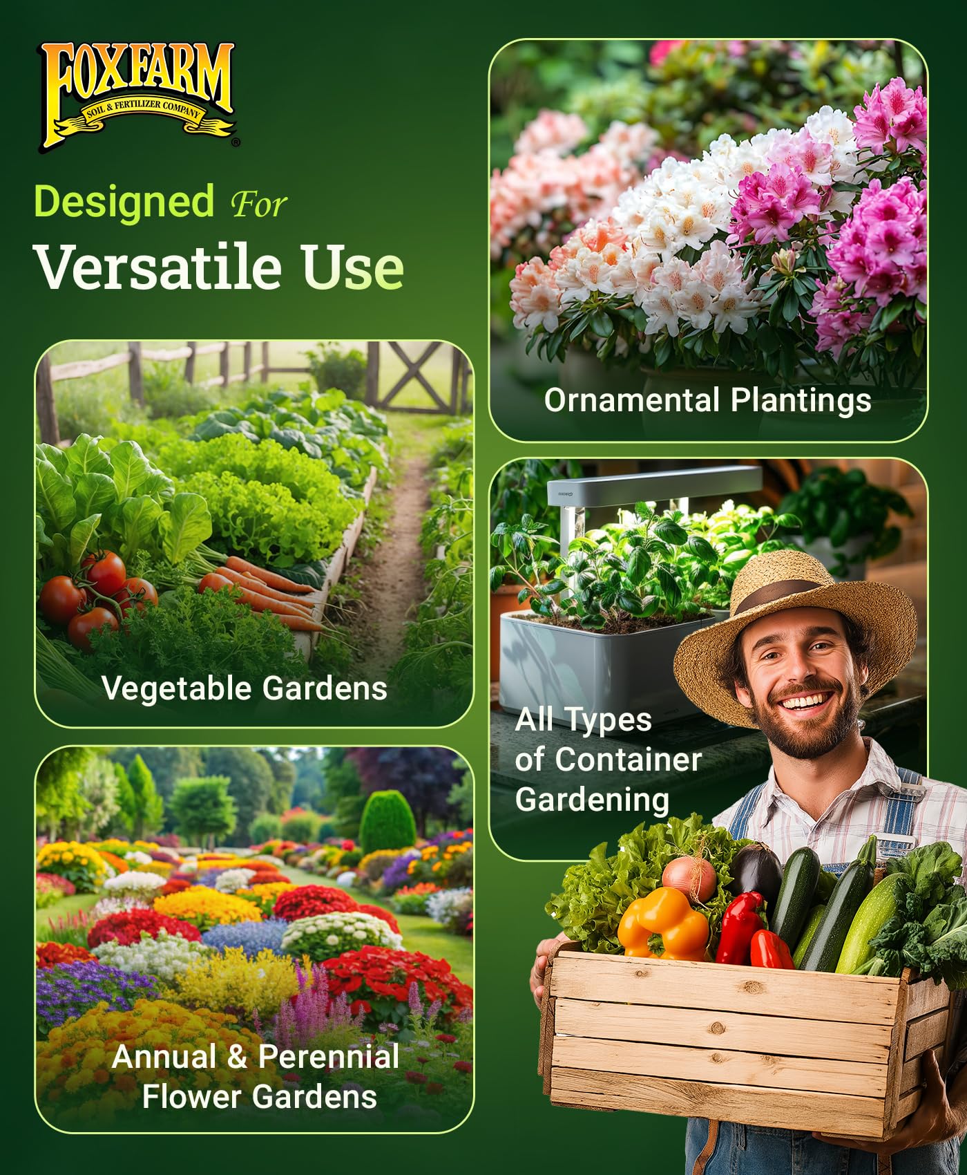 FoxFarm Happy Frog used in a vegetable and ornamental garden setup.