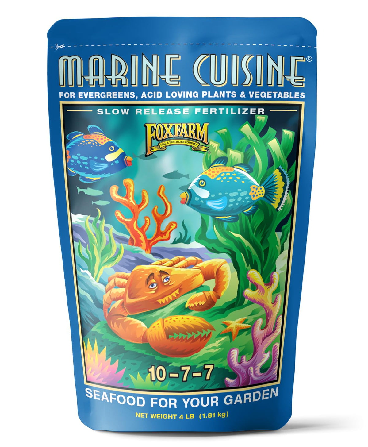FoxFarm Marine Cuisine packaging close-up highlighting ocean-based ingredients for garden feeding.