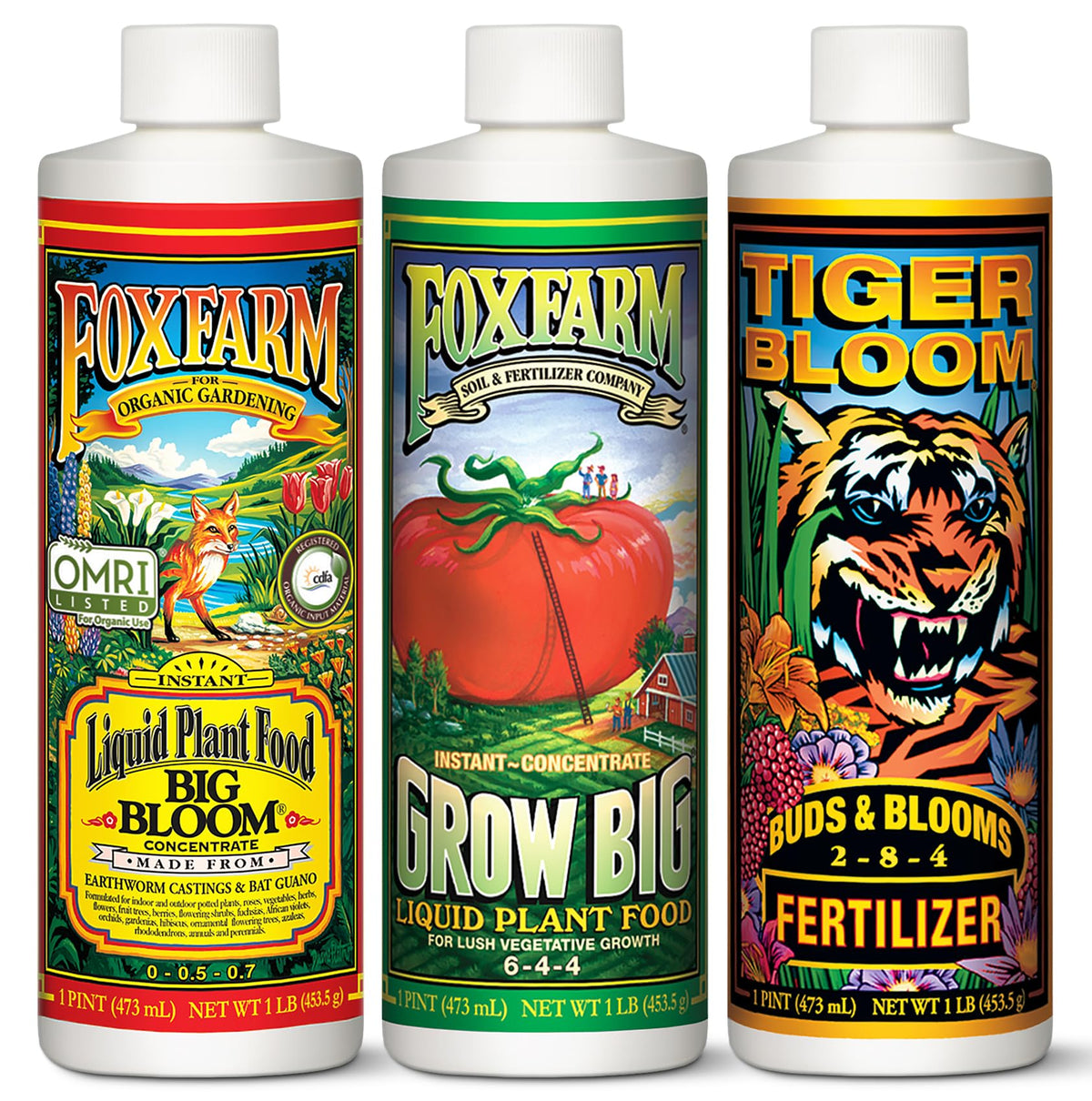 FoxFarm Soil Liquid Trio Pack bottles ready for all stage plant nutrition and growth