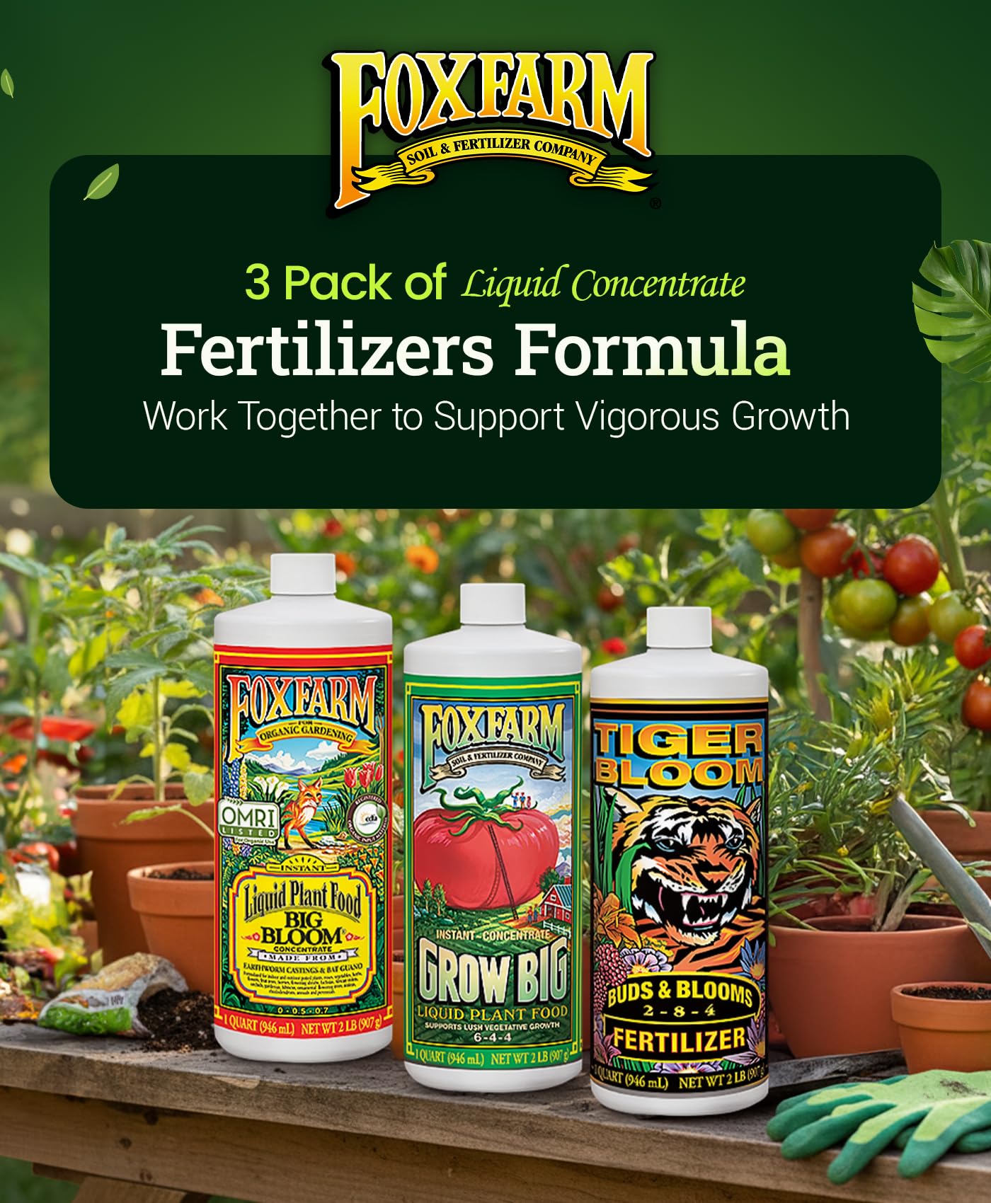 FoxFarm three quart bottles pack ready for ongoing garden feeding.