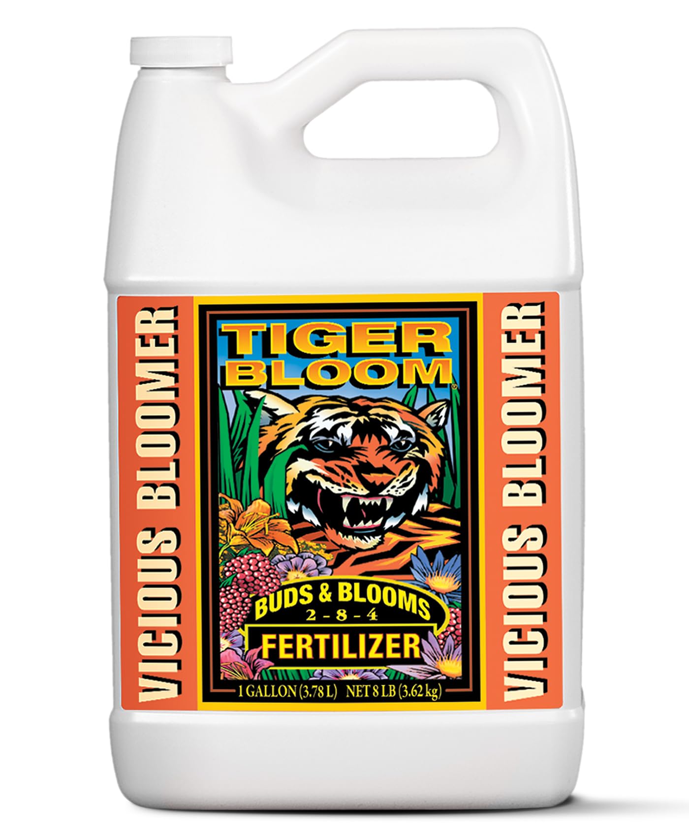 FoxFarm Tiger Bloom bottle pour demonstrating quick flowering nutrient delivery