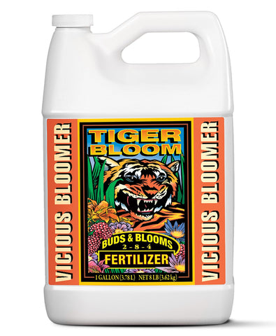 FoxFarm Tiger Bloom bottle pour demonstrating quick flowering nutrient delivery