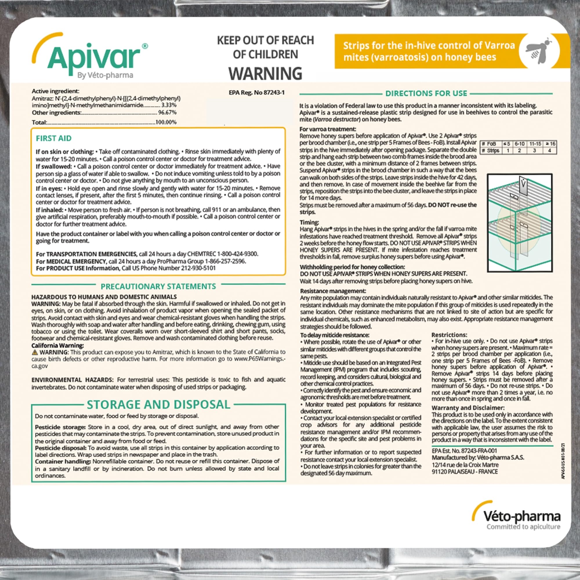 Foxhound Bee Company Apivar strip expiration date visible on packaging