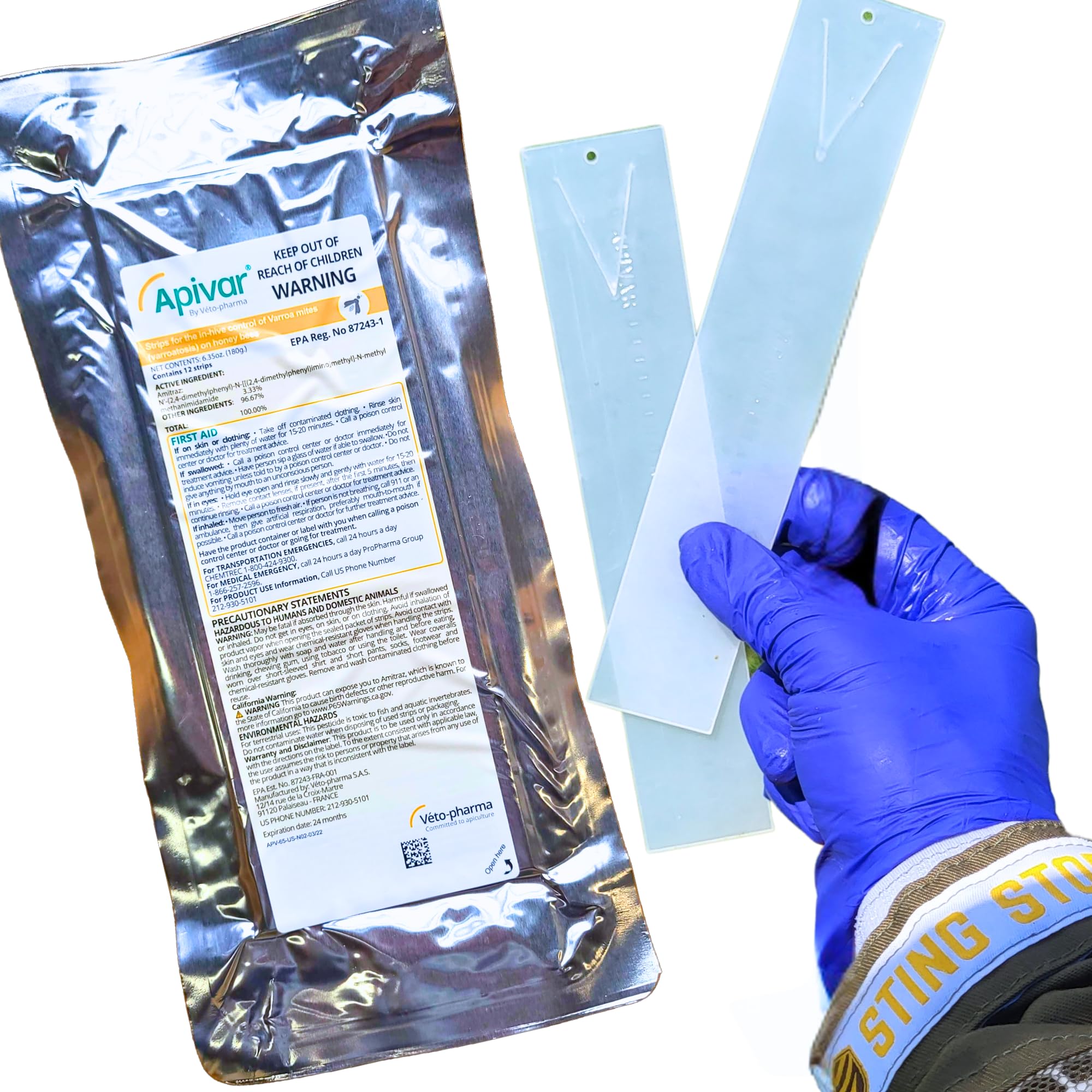 Foxhound Bee Company Apivar strip packaging shown for easy storage