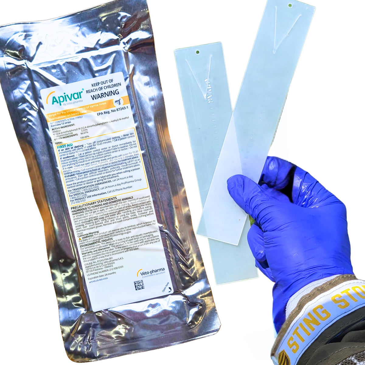 Foxhound Bee Company Apivar strip packaging shown for easy storage