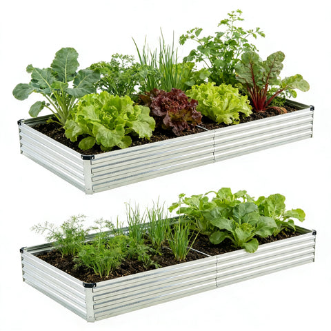 Foxlang galvanized raised garden bed front view, sturdy metal construction for vegetables.