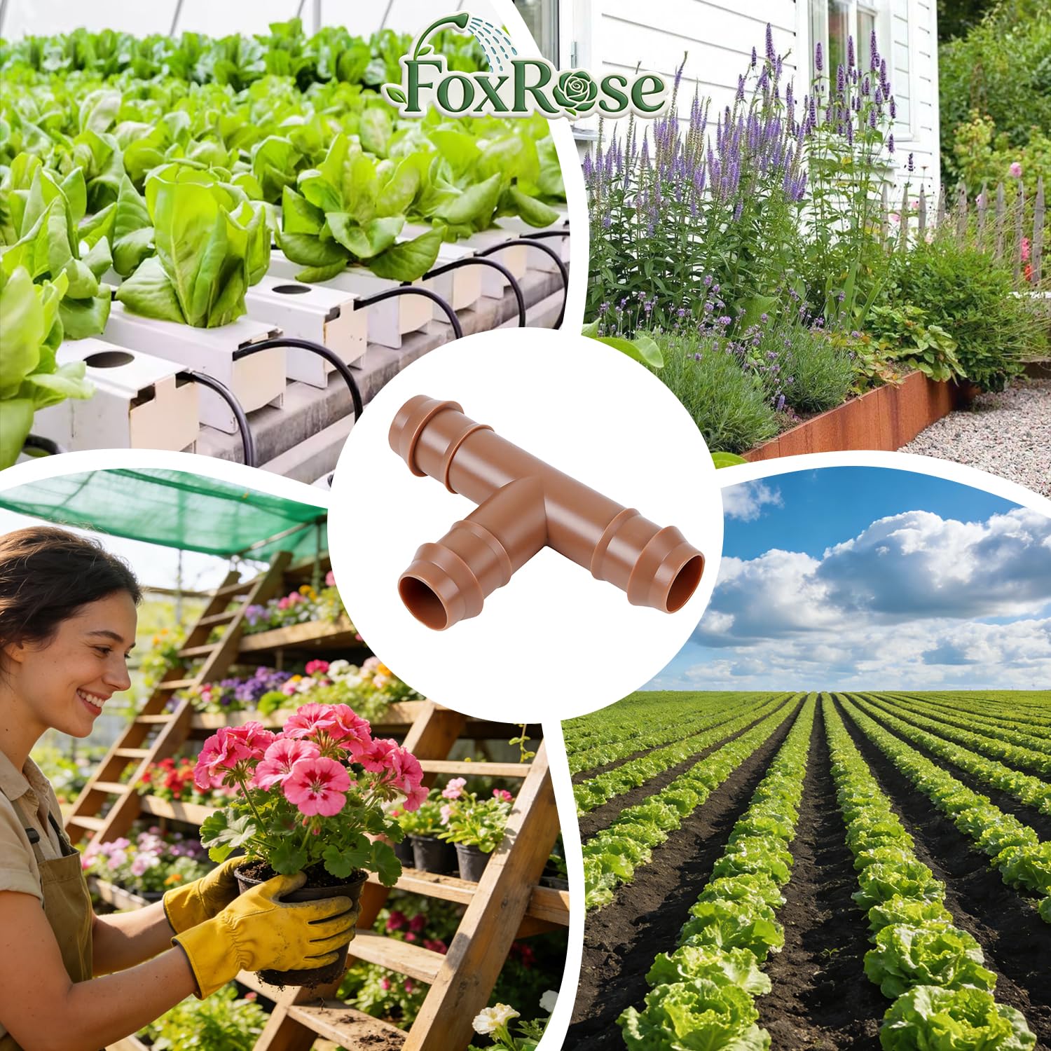 FoxRose 25-piece barbed tee set for irrigation maintenance and expansion.