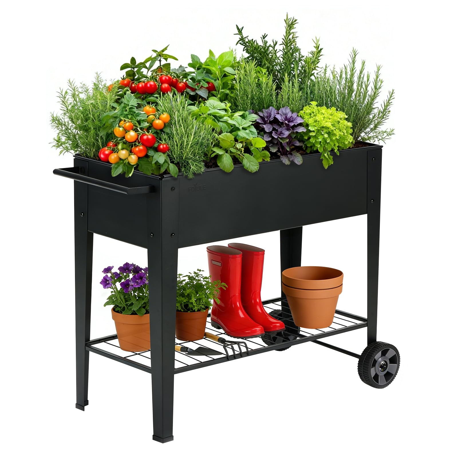 FOYUEE 31.5-inch raised garden bed on wheels for easy repositioning and sun tracking.