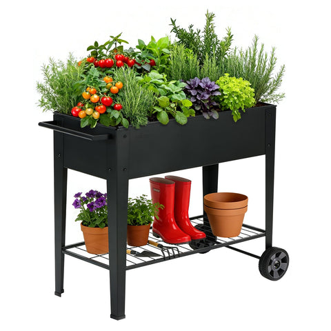FOYUEE 31.5-inch raised garden bed on wheels for easy repositioning and sun tracking.
