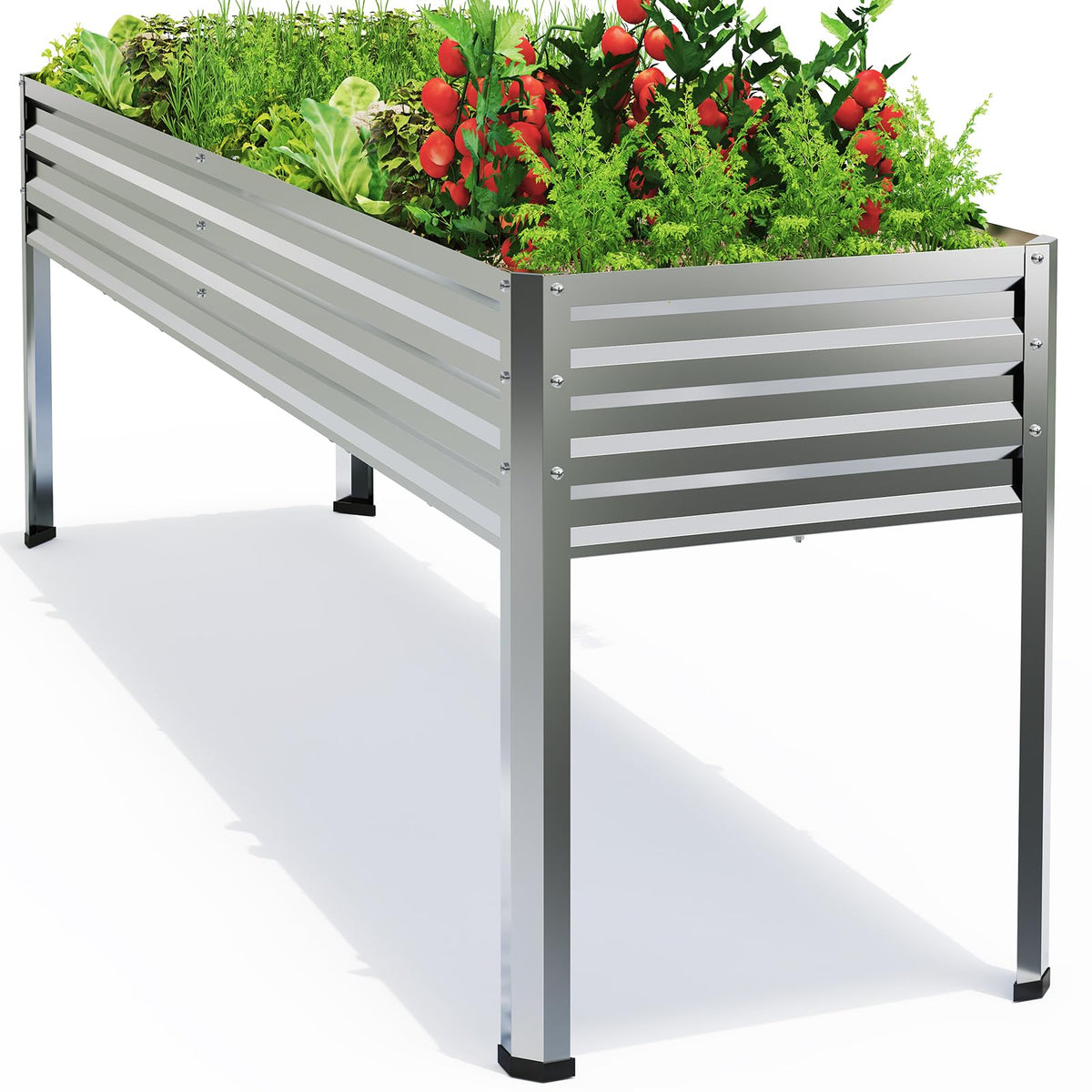 FOYUEE galvanized raised garden bed with legs, ready for planting in a sunny backyard