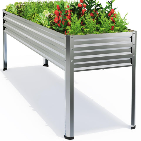 FOYUEE galvanized raised garden bed with legs, ready for planting in a sunny backyard