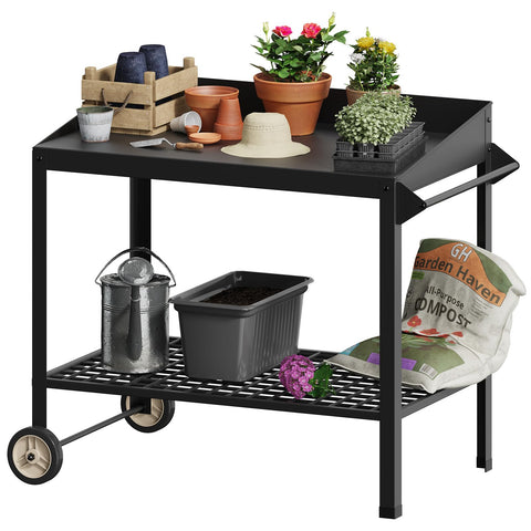 FOYUEE metal potting bench with wheels, front view, ideal for flexible outdoor placement.