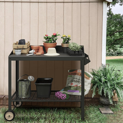FOYUEE potting bench with wheels, side view showing stability for heavy pots and soil.