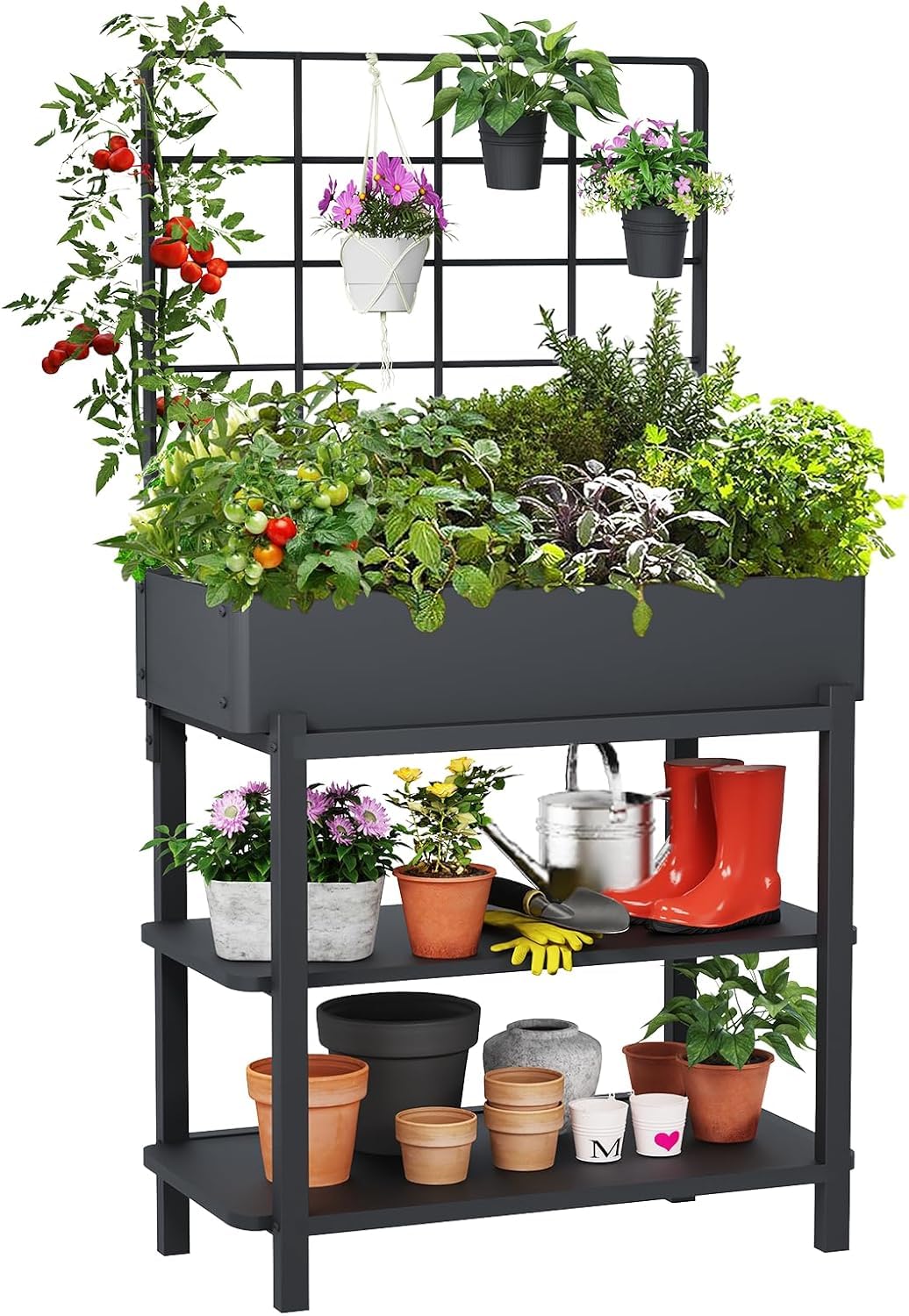 FOYUEE metal raised garden bed with trellis for vertical growth support.
