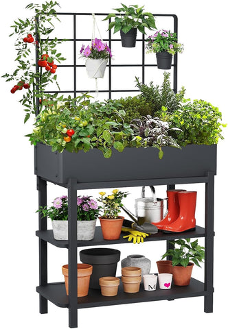 FOYUEE metal raised garden bed with trellis for vertical growth support.