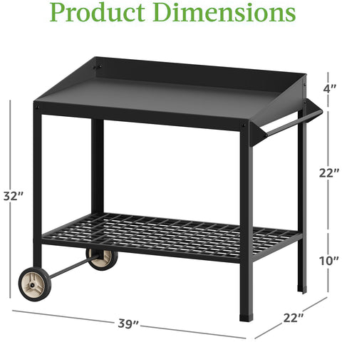 FOYUEE metal potting bench with shelf, ample storage for tools and bags.