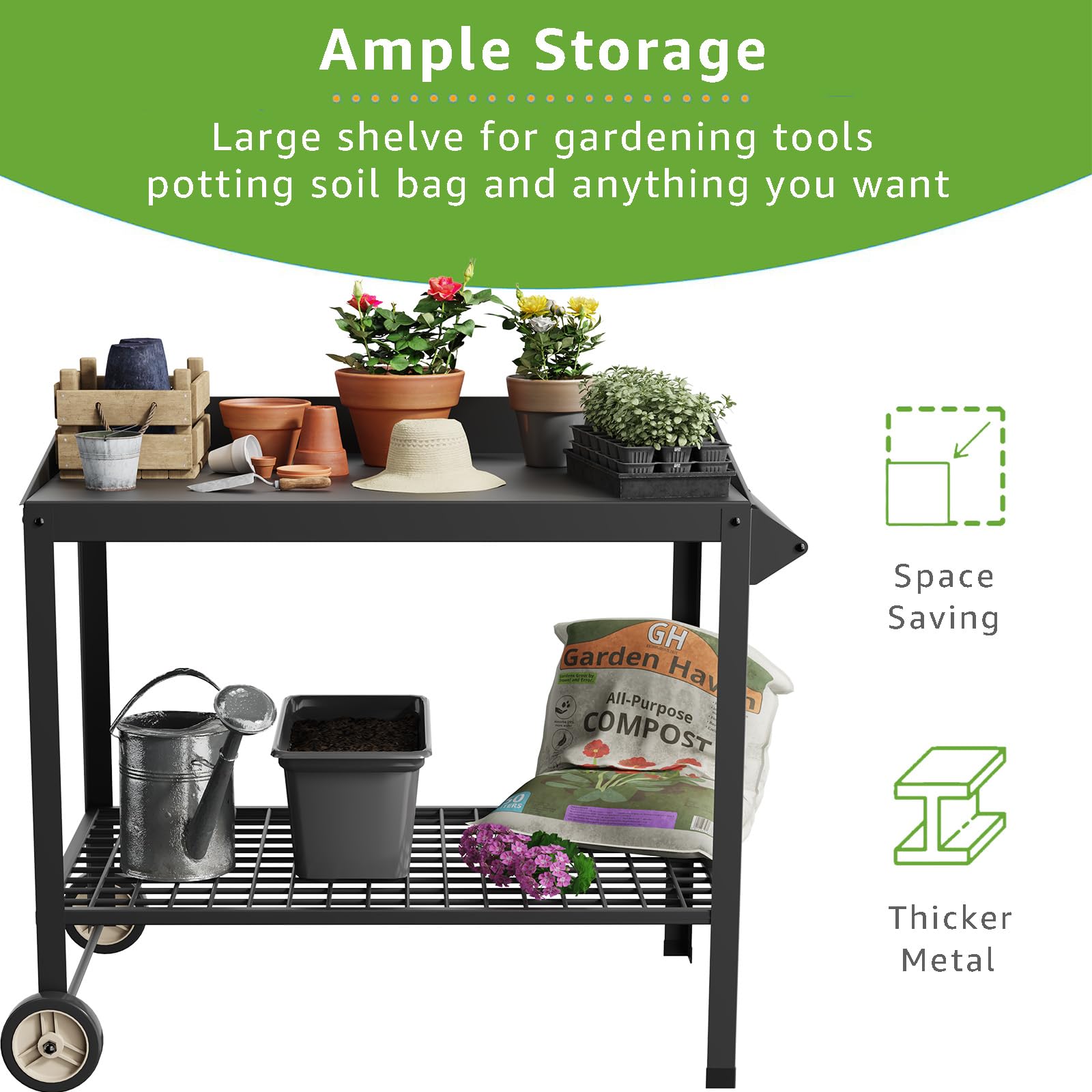 FOYUEE potting bench with large shelf, space for pots and soil bags.