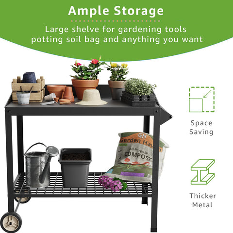FOYUEE potting bench with large shelf, space for pots and soil bags.