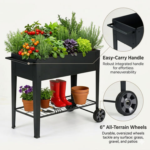 FOYUEE bed with large wheels for smooth, flexible mobility in outdoor spaces.