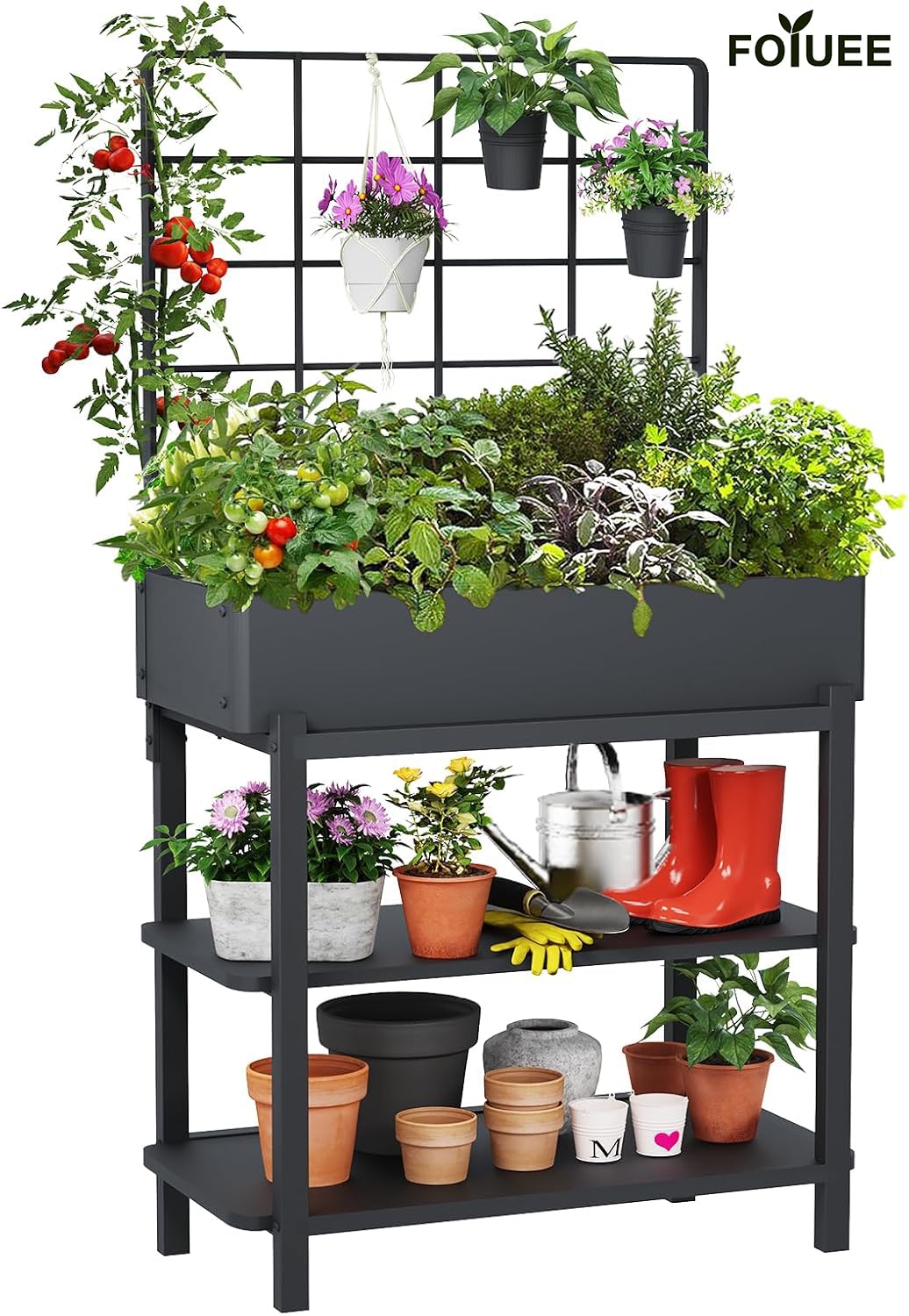 FOYUEE two-tier shelf keeps soil, pots, and tools organized.