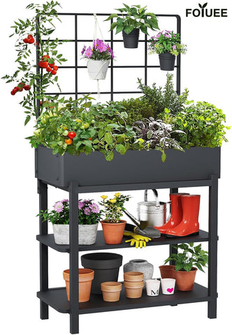 FOYUEE two-tier shelf keeps soil, pots, and tools organized.