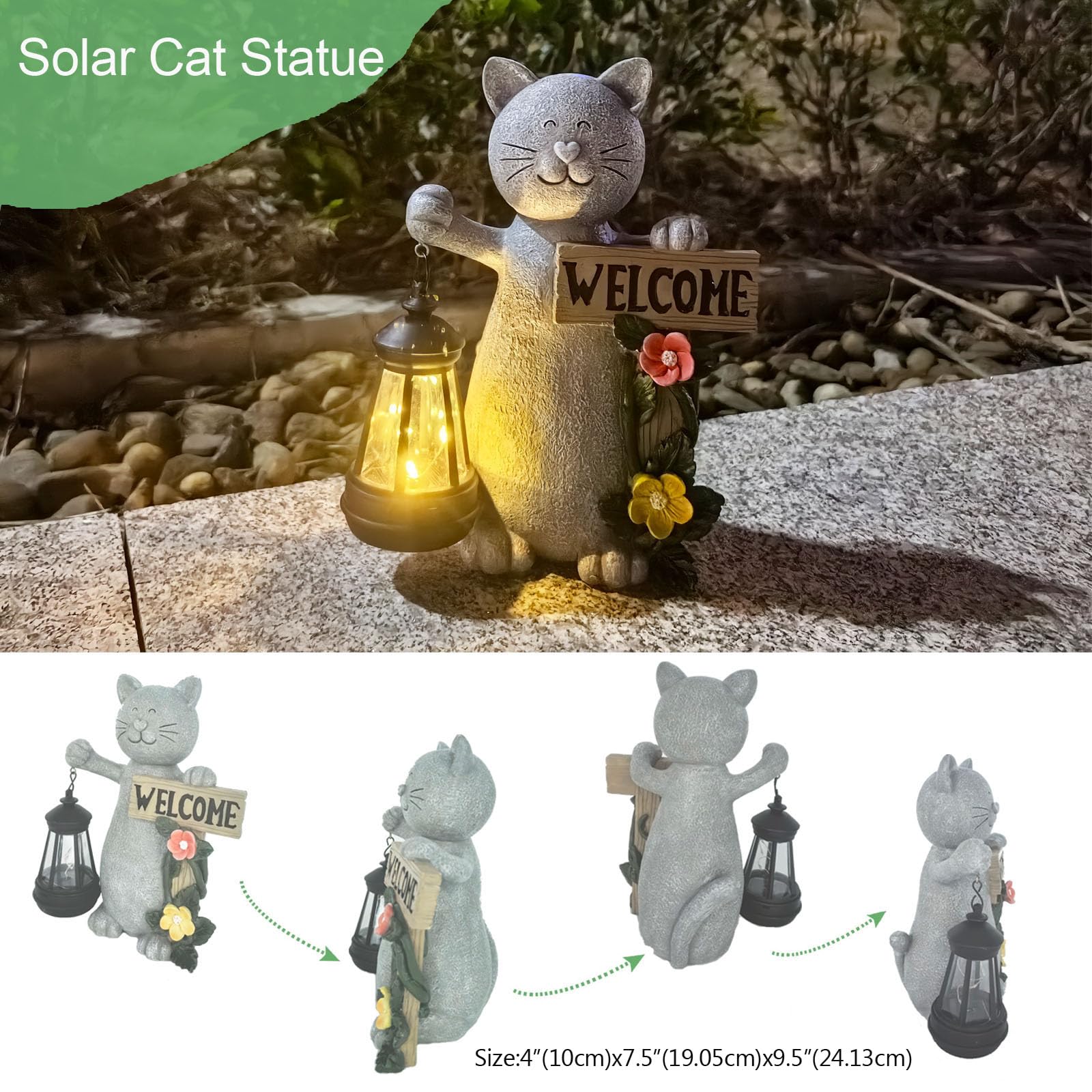 FQIIL weatherproof resin cat art withstands rain and sun.