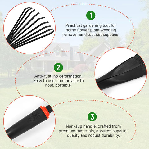 FR Small Hand Rake removing fallen leaves and garden debris gently.