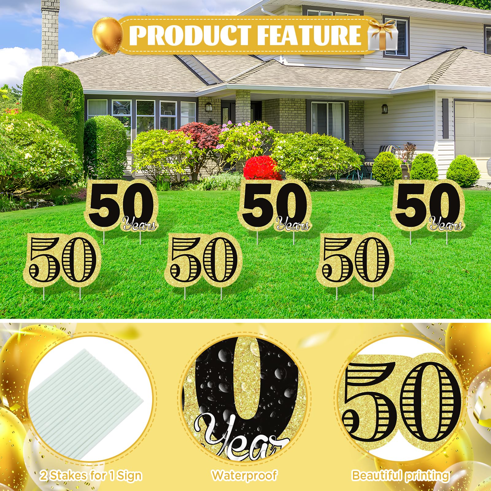 Frakron yard signs line the property for a stylish 50th celebration.