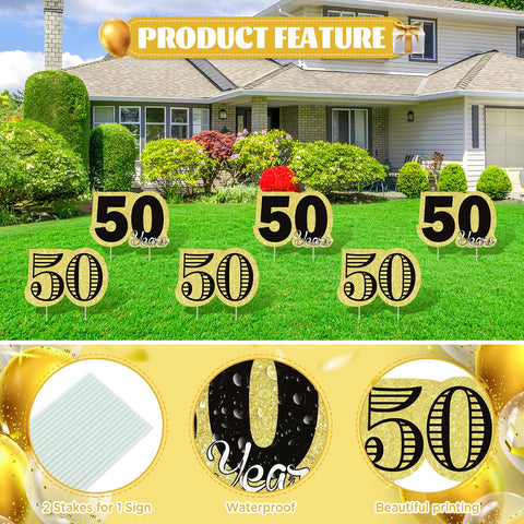 Frakron yard signs line the property for a stylish 50th celebration.