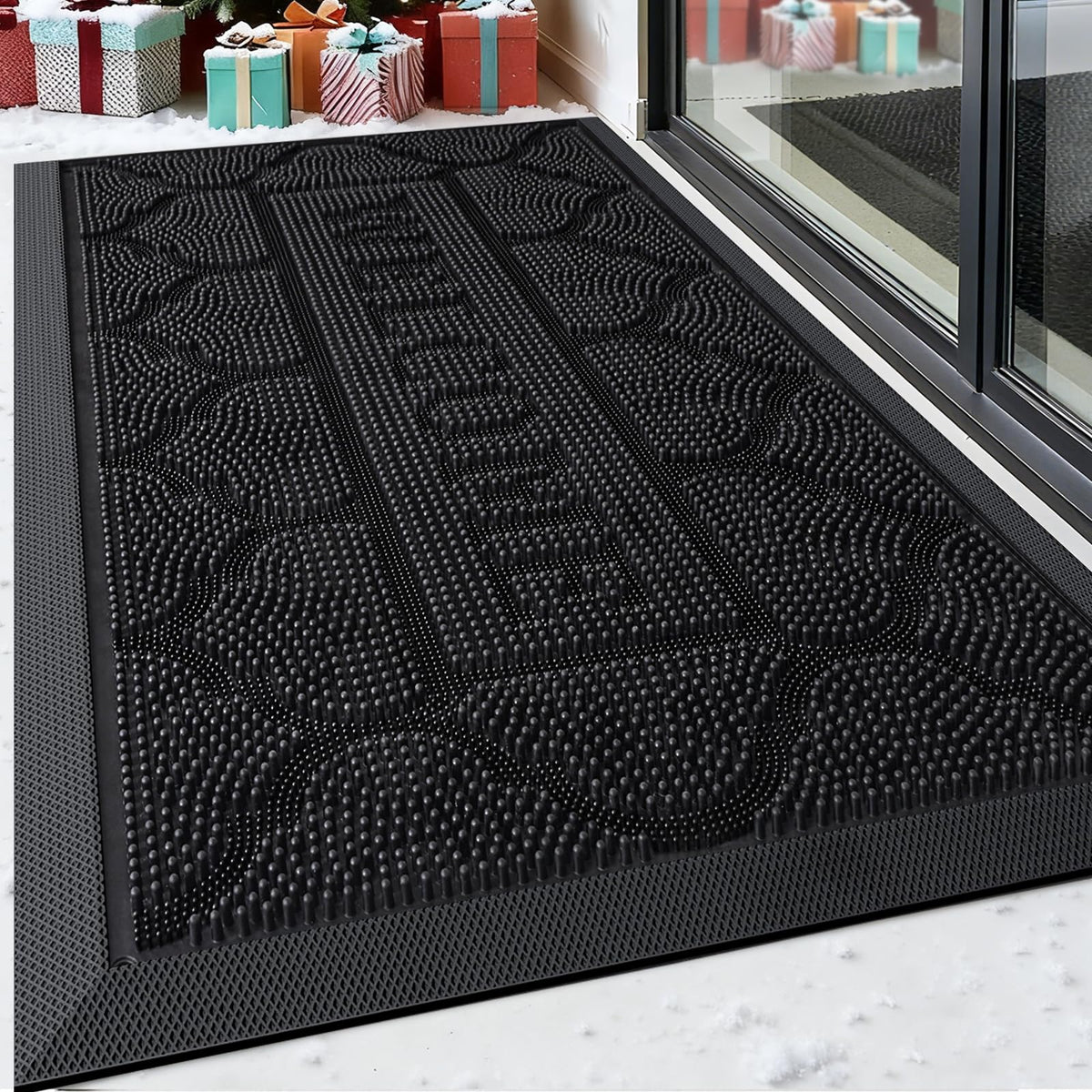 FRAMICS front door mat with outdoor welcome design traps dirt at the entry.