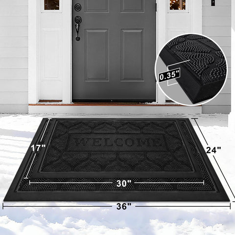 FRAMICS heavy-duty rubber door mat provides non-slip grip on wet floors.